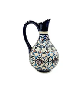 Vintage Handmade Pottery Pitcher, Servin Mexico, Blue, White, Pink Pattern - Picture 1 of 15