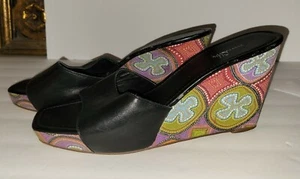 SAM & LIBBY Floral Boho Fabric Black Leather Platform Wedge Heel Slides 9.5 - Picture 1 of 9