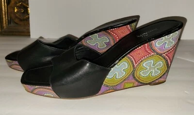 SAM & LIBBY Floral Boho Fabric Black Leather Platform Wedge Heel Slides 9.5 - Image 1 of 4