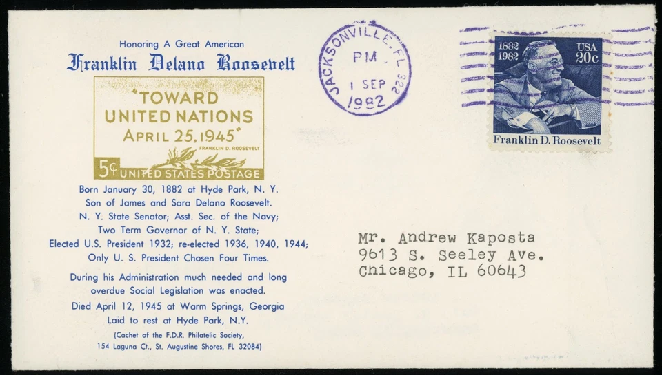 Honrando Franklin Roosevelt FDR Sociedad Filatélica Cachet #1950 EE. UU. 20c franqueo Foto 1 de 1