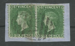 ST VINCENT SG7 2 X QV 1862 6d VERDE FINO USADO EN PIEZA GATO £150 - Imagen 1 de 1