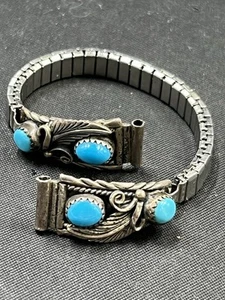 Vtg Native American Sterling Turquoise Watch Band Tips W/ Band Signed L - Picture 1 of 8