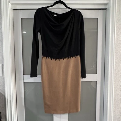 Escada Knit Long Sleeve Dress Black Tan Colorblock Wool Cowl Classy Timeless Sz6 - Image 1 of 4