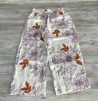 Rachel Roy Women M 100% Linen Tropical Floral Capri Pants Pull On Orange Pink - Image 1 of 4