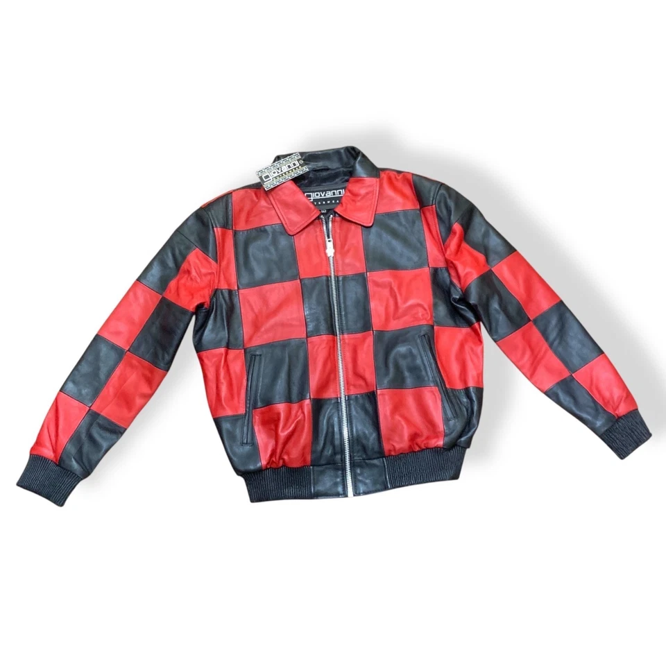 Chaqueta de Cuero De Colección Negra Roja A Cuadros Carreras Motociclista Años 90 L Mafia Esposa Bombardero Foto 1 de 4