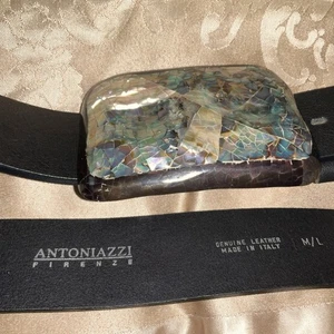 Antoniazzi Firenze Black Leather Belt Boho Oversize shell Buckle Size ML Y2K vgc - Picture 1 of 6