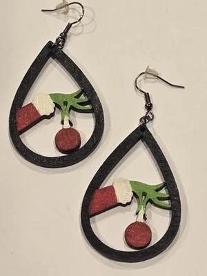 Рождественские деревянные висячие серьги-гринчи - Изображение 1 из 2