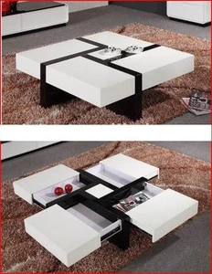New White Hi High Gloss Modern Coffee Table With 4 Extra Storage - Picture 1 of 7