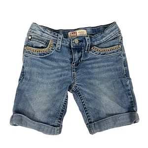 L.E.I Chelsea Lowrise Girls Denim Shorts Size 7 Embroidered Adjustable Waist - Picture 1 of 7