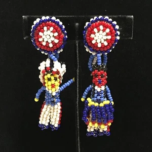 Vintage Native American Beaded Screw Back Earrings Maiden Indian Chief Japan - Picture 1 of 3