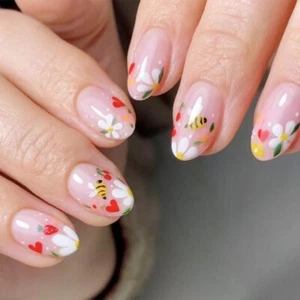 24 Pcs Flowers Press On Nail Full Cover on Nail Short Oval False Nail - Picture 1 of 8