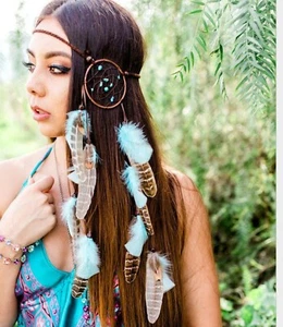 Women BOHO retro Syn suede Feather Dream Catcher Braid Hair head band Headband - Picture 1 of 9