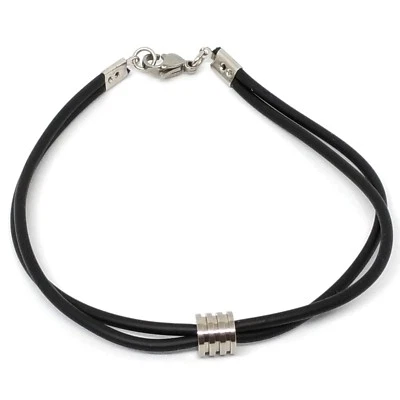Bracciale in acciaio gomma uomo argento nero idea regalo cordoncino fatto a mano - Immagine 1 di 2