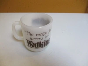 Vintage White Milk Glass Watkins  Coffee Cup Mug  Glasbake Advertising - Picture 1 of 12