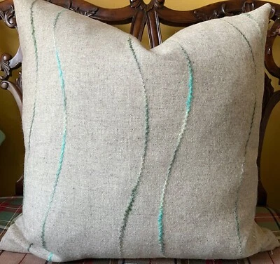 Modern Undulating Striped Greens Teal Embroidered Wool Custom Pillow Cover  - Image 1 of 4
