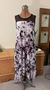 VERA WANG purple black white print lace yoke A-line dress handkerchief hem M EUC - Picture 1 of 5