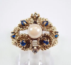 Anillo vintage de perlas para mujer, zafiro de oro amarillo y topacio blanco joyería floral - Imagen 1 de 8