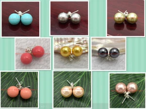 Beauty 8/10/12/14mm South Sea Shell Pearl Round Beads 925 Silver Stud Earrings - Picture 1 of 26