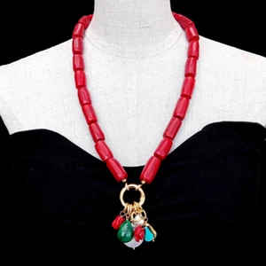 Red Coral Necklace White Coin Pearl Turquoise Malachite Charm Pendant - Picture 1 of 6