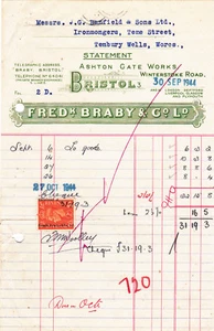 COMMERCIAL OVERPRINT OVER PRINT FRED BRABY BRISTOL VINTAGE INVOICE BILLHEAD FRED - Picture 1 of 2