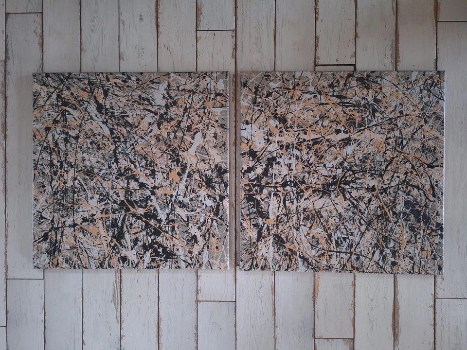 Dos pinturas de acción abstractas originales estilo jackson pollock lienzo Foto 1 de 4