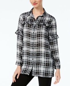NY Collection Ruffled Black White Plaid Button Down Shirt Womens L