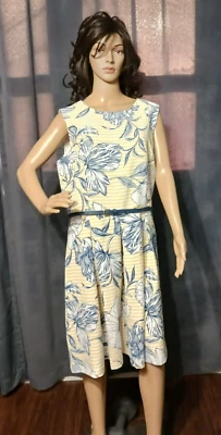 R K Dress Woman 18 NWT  Striped Yellow Belted  Floral Modern Cruise Vacation - Image 1 of 4