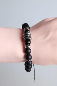Pulsera Negra Para Hombres cuentas Ágata Onix Ágata Rayada Y Acero Inoxidable - Picture 1 of 8