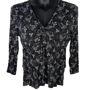 Ann Taylor - Women's L Petite Blouse Twist V Neck 3/4 Sleeve Black White Print - Picture 1 of 11