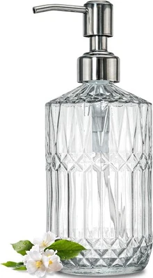 Dispensador de jabón de vidrio transparente en relieve JASAI 18 OZ con bomba de plata transparente óxido  Foto 1 de 4