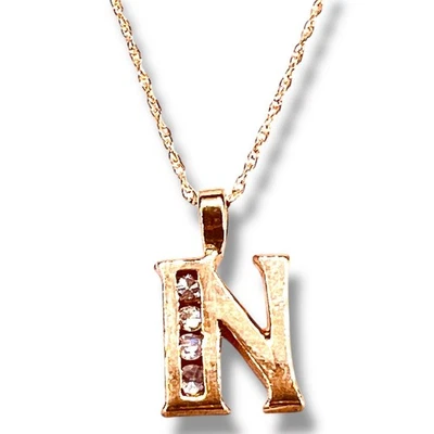 Cadena collar colgante inicial diamante letra N oro amarillo macizo 10K 18" Foto 1 de 4