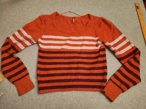 Free People Sweater Womens Large Orange Burgundy Striped Cropped Scoop Neck - Picture 1 of 13