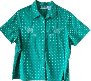 Blair Women’s Green Polka Dot Short Sleeve Button Up Shirt Top Embroidered XLG - Picture 1 of 6