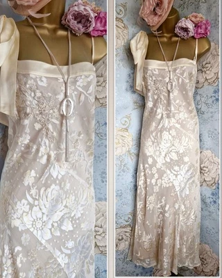 Monsoon Silk Cream Gold Y2k Devore 20s Deco Wedding Bride Evening  Dress 18 - Image 1 of 4
