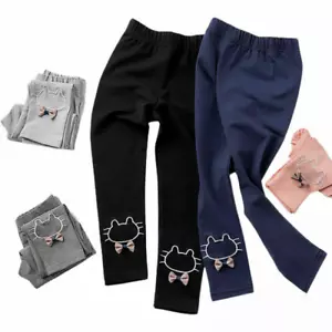 Kids Girls Cat Print Leggings Trousers Full Length Elastic Waist Skinny Pants - Picture 1 of 48