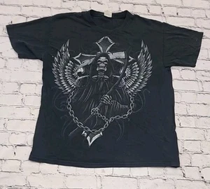VTG Y2K Grim Reaper Graphic Cyber Gothic Men’s L Shirt Black Halloween Grunge - Picture 1 of 8