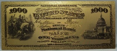$1000 National Bank Salem 1875 Novelty 24K Gold Foil Plated Note Bill 6" GFN34 - Image 1 of 3