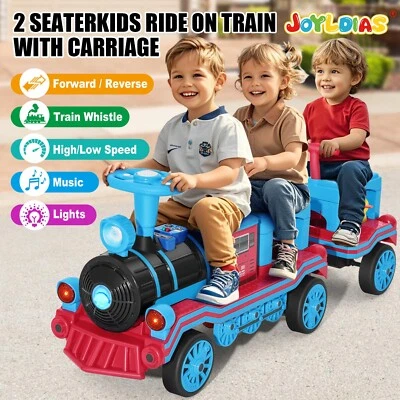 JOYLDIAS Grande Eléctrico 12V 2 Plazas Niños Azul Paseo en Tren con Carro, 2 Velocidades Foto 1 de 4
