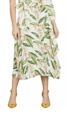 Saia BCBG MAXAZRIA Bird of Paradise XXS linho MIDI tropical floral menina coco - Imagem 1 de 4