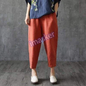 Summer Lady Cotton Linen Cropped Pants Ethnic Pocket Trousers Thin Casual Solid - Picture 1 of 29