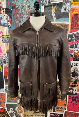 Chaqueta LG De Colección Para Hombre Años 70 Cuero Marrón Borla Flecos Franela Forrada Dos Bolsillos Foto 1 de 4