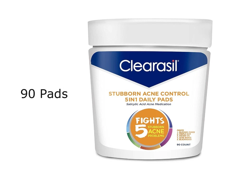 90件装Clearasil 5合1日常清洁药物垫顽固痤疮控制 — 第 1/1 张图片
