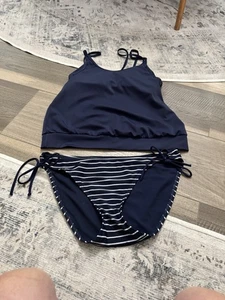 Athleta Tankini Top And Striped Bottoms 34 B/C And Large Bottoms - Picture 1 of 8