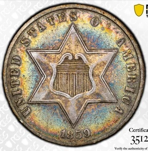 1859 Three Cent Silver Trime — PCGS VF35 Rainbow Toned 🌈 Both Sides - Picture 1 of 5