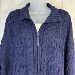 Aran Crafts Strickjacke Pullover Damen L Full Zip Zopfmuster Wolle blau Fischer - Bild 1 von 10