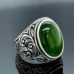 "Men's Handmade Silver Jade Ring, Ottoman Engraved Animal Design, Turkish Gift" - Picture 1 of 6