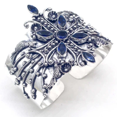 Brazalete brazalete de plata esterlina 925 con piedras preciosas de zafiro azul tamaño-ADJ Foto 1 de 4