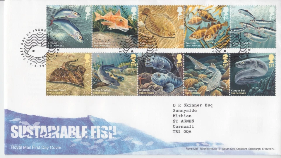 FISHGUARD PMK GB ROYAL MAIL FDC 2014 SUSTAINABLE FISH STAMP SET - Image 1 of 1
