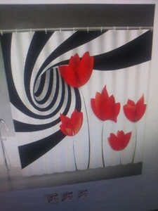 Shower curtain abstract poppy flower rustic floral 3d black and white vortex  - Picture 1 of 2