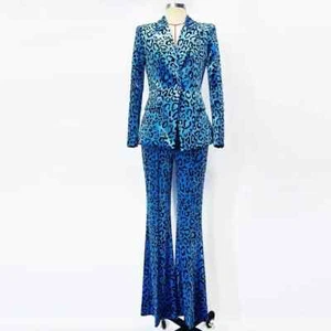New Fashion 2025 Velvet Women Notched Long Sleeve Leopard Blazer Flare Pants - Picture 1 of 25